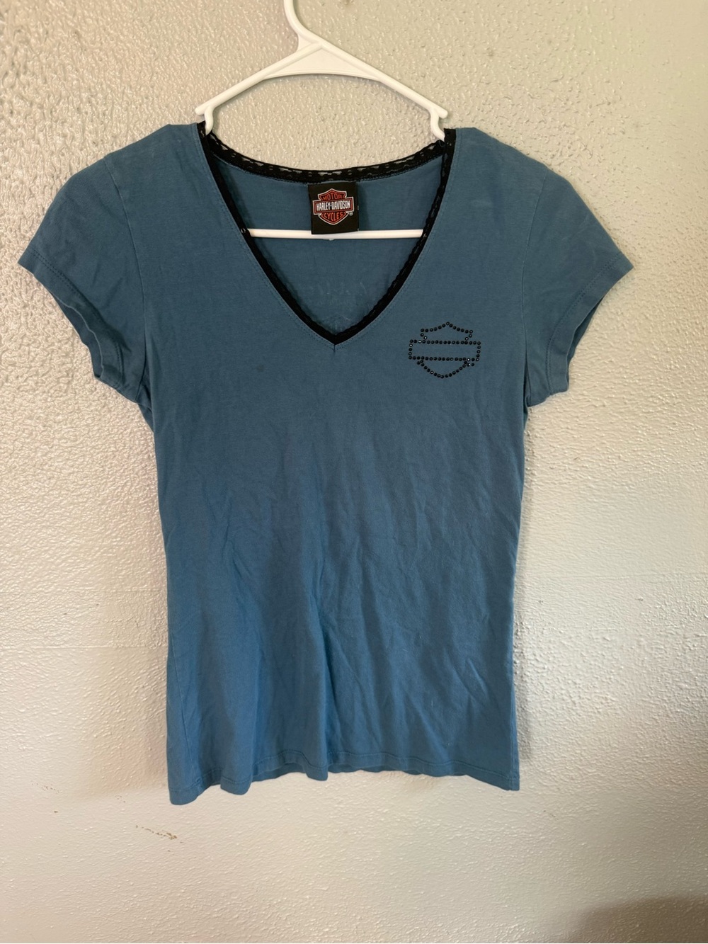 Harley-Davidson Women's Teal V-Neck Short Sleeve Tee with Rhinestone Logo